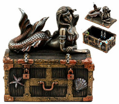 Bronzed Mermaid Nerida Resting On Sunken Treasure Jewelry Box Figurine 5.25&quot;L - £27.96 GBP