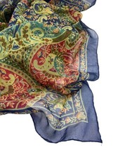 Vtg Scarf Large Wrap Semi Sheer Blue Red Green Gold Paisley Floral 33x33&quot; Square - £29.77 GBP
