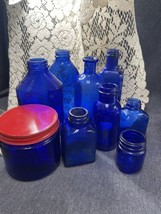 Lot 8 Vintage Cobalt Blue Glass Apothecary Bottles Jars Vanity Milk Of Magnesia - £35.04 GBP