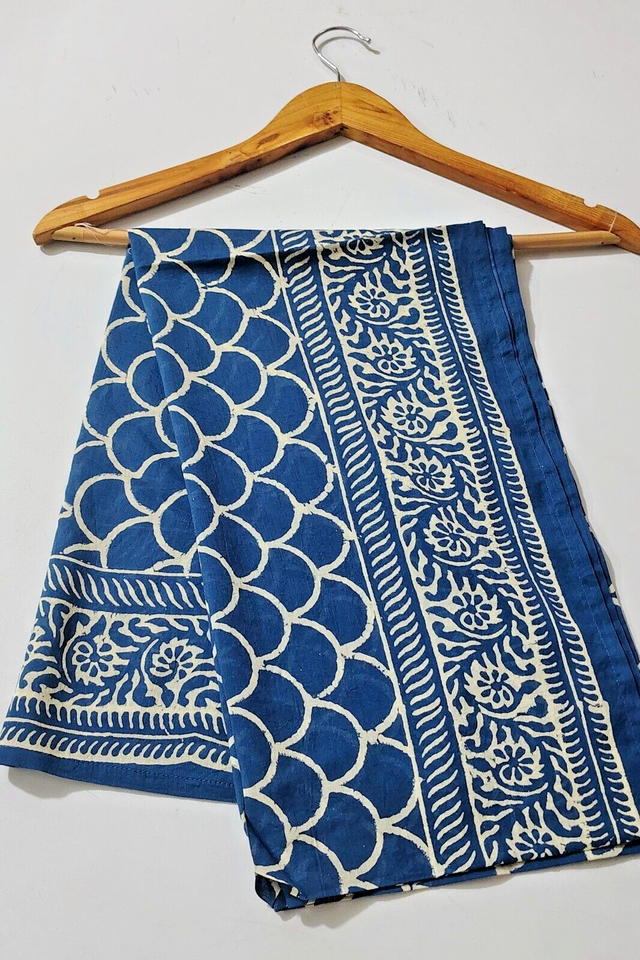 Indian Cotton Blue Hand Block Print Fabric Women Long Scarf Sarong cover up