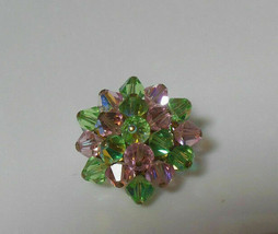 Vintage Light Green &amp; Pink Crystal Cluster Brooch Signed Japan - $28.70