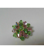 Vintage Light Green &amp; Pink Crystal Cluster Brooch Signed Japan - $537.68 MXN