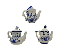 Kurt Adler Set Of 3 Hand Painted Porcelain Delft Blue Teapot Xmas Ornaments - £15.89 GBP