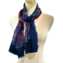 Blue Red Scarf Shawl Head Cover Square 46x46 Inch Fringed Oriental Vibes... - £10.57 GBP