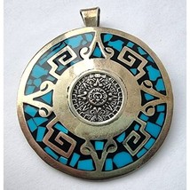 Large Taxco MAYA/AZTEC Design 925 Sterling Silver Turquoise BROOCH/PENDANT Sky - $89.10