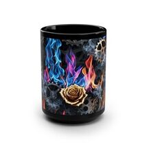 Flaming Rose Gears Black Ceramic Mug 15oz Steampunk Gothic Free Shipping - $24.28