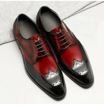 Oxford Style Two Tone Color Brogue Wing Tip Cap Toe Lace Up Men Leather Shoes - £127.49 GBP