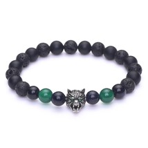 Wolf Head Charm Energy Stone Stretch Bracelet with Black Natural Onyx, Lava, 7&quot; - £32.94 GBP