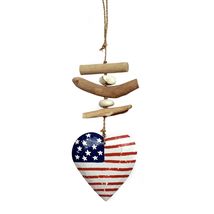 Wooden American Flag Heart Mobile Hanging Strand 14 Inches Long - $19.78