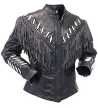 Women&#39;s Western Style Black Color Bone Beads Fringed Genuine Leather Jacket 2019 - £122.29 GBP