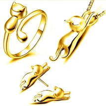 Lovely Cat Jewelry Sets Gold/Silver/Rose Gold Wedding Jewellery for Girls Stainl - £8.51 GBP
