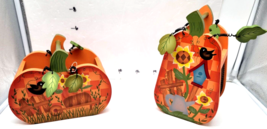 Vintage Fall Wooden Pumpkin Baskets Hand Painted wood Handles (set of 2) - $285.10 MXN