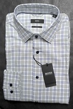 HUGO BOSS Uomo Hank Soft Slim Fit Blu / Grigio Quadri Cotone Camicia 38 15 - $1,198.07 MXN