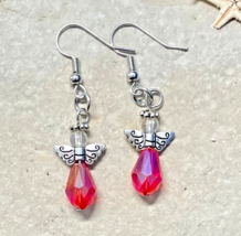 Women&#39;s Silver Ruby Red ANGEL Earrings Faceted Glass Crystal Beads French Hooks - £6.50 GBP