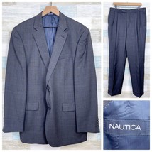 Nautica Wool Windowpane Suit Gray Two Button Mens 42L Jacket 36W Pleated Pants - £81.79 GBP