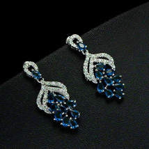 4 Ct Simulated Blue Sapphire Cluster Drop Dangle Earrings 925 Silver Gold Plated - £96.19 GBP