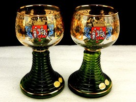 Set of 2 German Wine Glasses, Rudesheim, Green Boxed Beehive Base, Vintage - £30.78 GBP