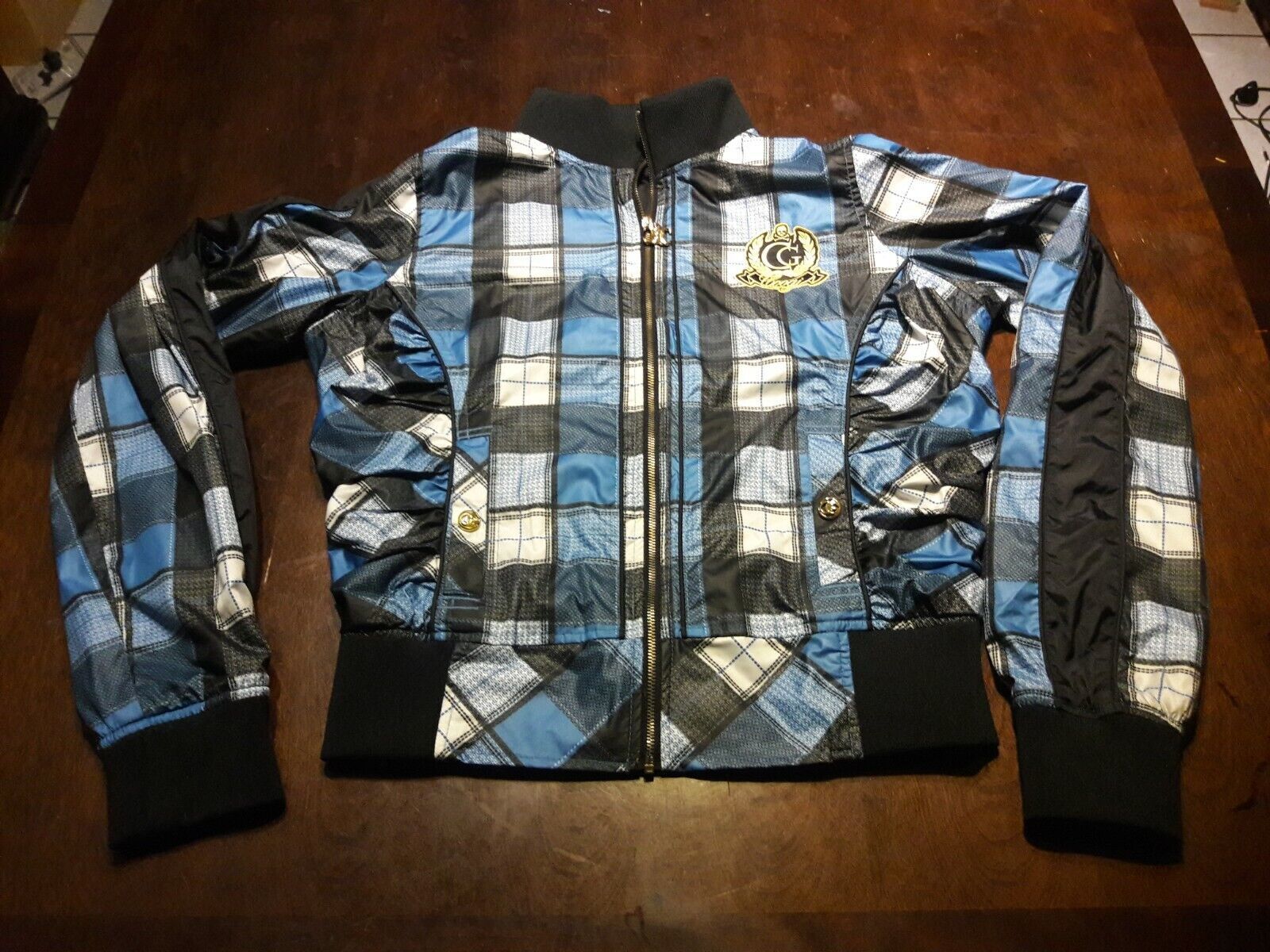 COOGI Women’s Blue/Black/White Plaid Zip Front Bomber Jacket Size Medium - $35.05