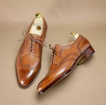 New Handmade Men&#39;s Tan Genuine Cowhide Leather Wingtip Derby Oxford Dress Shoes - £101.78 GBP