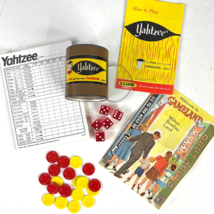 Yahtzee Game Vtg Dice Shaker Cup Bonus Chips Score Pad Instructions Catalog Lot - £18.91 GBP