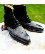 Two Tone Black Gray Suede Wing Tip Full Brogue Toe Leather Ankle Boots U... - $179.99