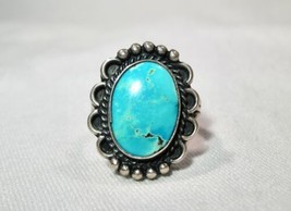 Sterling Silver Handmade Navajo Style Pale Blue Turquoise Ring Size 7 3/4 K402 - £50.33 GBP