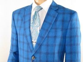 Mens 100% Linen Sport Coat Plaid Design INSERCH Fully Lined 660131 Royal Blue image 2