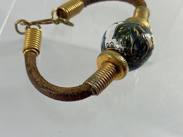 Vintage Bracelet Leather Cord Large Blue Floral Ceramic Bead Gold Tone R... - $18.81