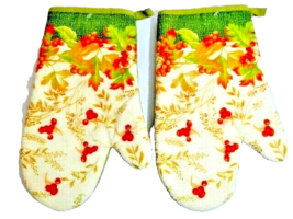 Autumn Leaves Berries Oven Mitts 2-Pc Kitchen Fall Holiday Cotton Green ... - $208.18 MXN