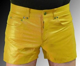 Pants Soft Genuine Lambskin Leather Sports Boxer Pocket Yellow Men Short... - $92.25+