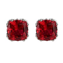7mm Princess Cut Simulated Ruby Crown Set Solitaire Stud Earring Sterling Silver - £36.93 GBP