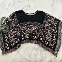 Womens Vintage Woven Tapestry Poncho Shawl Sweater One Size Black Red Fr... - £28.48 GBP
