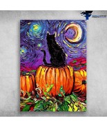 Pumpkin Black Cat Halloween Day Stary Night Vincent Van Gogh - £12.50 GBP