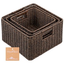 Resin Wicker Storage Basket Set Of 3, Rustic Brown, Square Baskets For Shelves,  - £50.62 GBP
