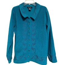 Denim &amp; Co. Womens Fleece Cardigan Teal Blue XL Embroidered Floral Button - $22.77