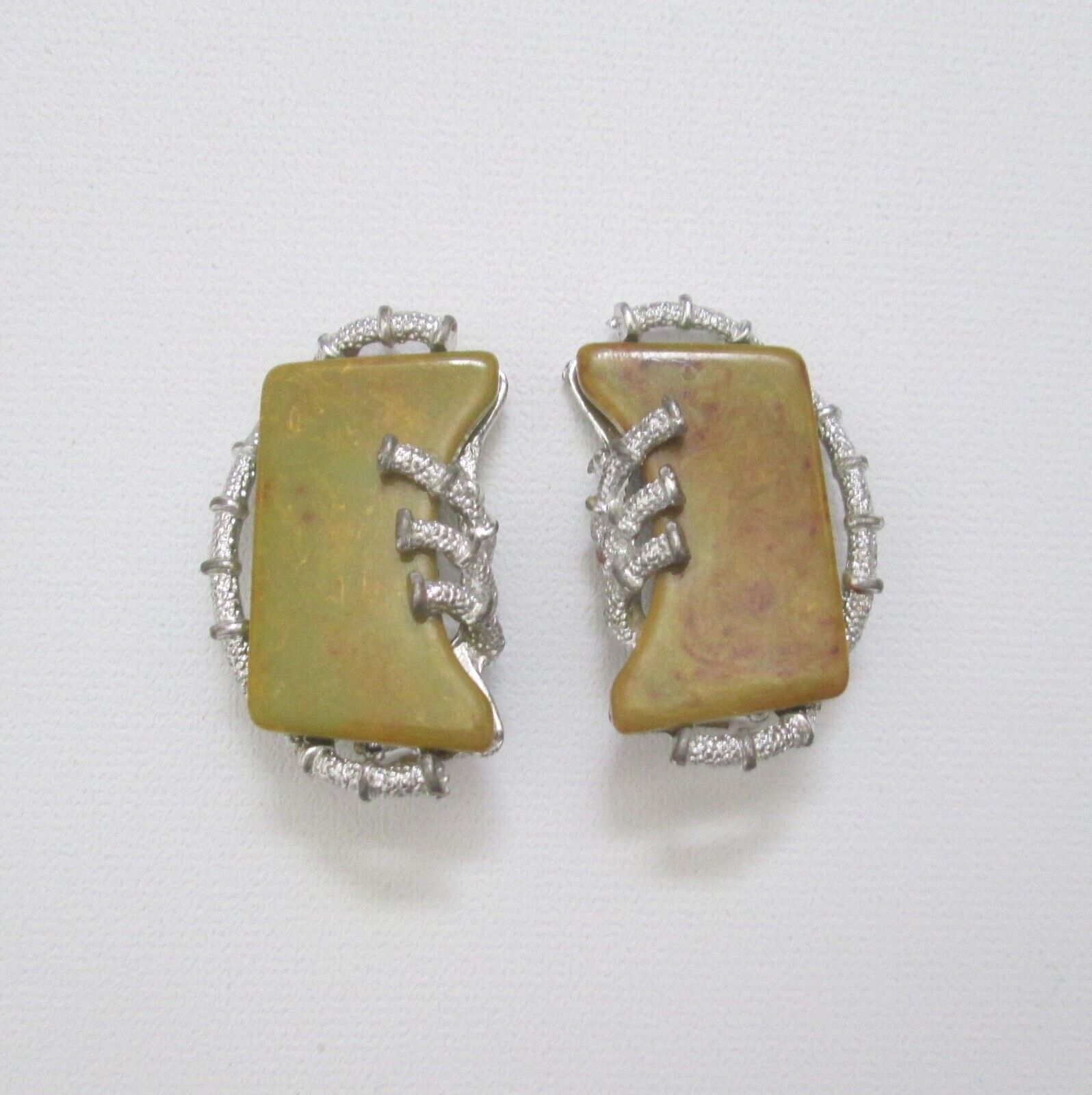 Vintage ART Signed Clip Earrings Bakelite Slices Silvertone Twigs - £25.80 GBP