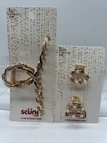 (2) Scunci Claw Clips Pearl &amp; Crystal Gold Styling Hair Jaw Cocktail Ups... - $6.99