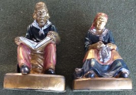 Old Antique Armor Clad Bronze Bookends Man Woman Pair of Two 2 Set Sewing Paper - $81.25