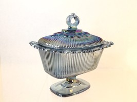 Indiana Glass Lace Edge Candy Box Iridescent Blue Footed W/ Lid  7.25&quot; Vtg 1958 - £17.98 GBP