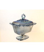 Indiana Glass Lace Edge Candy Box Iridescent Blue Footed W/ Lid  7.25&quot; V... - £17.92 GBP