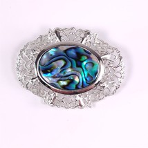 Silver Filigree Mother of Pearl Iridescent Brooch Pin Art Deco Jewelry - £5.81 GBP