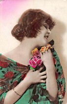 Beautiful Young Woman~Brown HAIR-GREEN DRESS-FLOWERS-1925 French Photo Postcard - £4.64 GBP