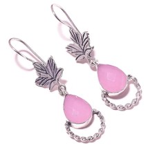 Rose Quartz Pear Gemstone 925 Silver Overlay Handmade Leaf Drop Dangle Earrings - £9.60 GBP