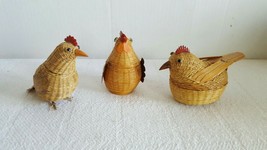 Lot of 3 Small Brown Turkey Baskets Woven Wicker 3-D Head Lid Trinket Ro... - $14.99