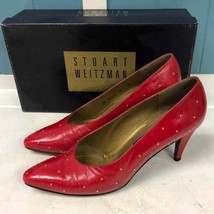 Vtg Stuart Weitzman gold Studded Class red kid leather pumps heels women’s sz 8 - £49.76 GBP
