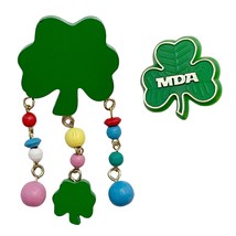 Vtg MDA Shamrock Clover Green Plastic Lapel Pin &amp; Wood Brooch Dangling Beads Lot - £7.86 GBP