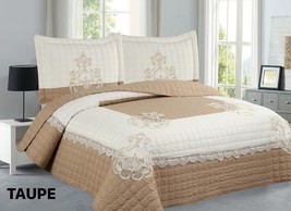 JUANA FLOWERS TAUPE COLOR EMBROIDERY BEDSPREAD SET 3 PCS KING SIZE - £44.49 GBP