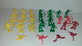 Lot of 30 Tim Mee Plastic Cowboys &amp; Indians Red Green Yellow 2.5&quot; 1/32 [VINTAGE] - $17.00