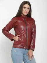 Festive Stylish Lambskin Leather Maroon Zip Women Jacket Designer Motorcycle - £83.89 GBP