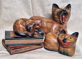 3 Vintage Handcarved Wooden Cats Figurines 1970s - £23.12 GBP